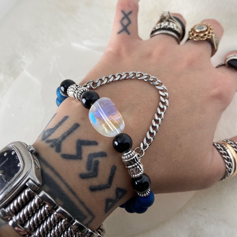 Aura crystal + blue druzy quartz & onyx + chain - Picture 11 of 12